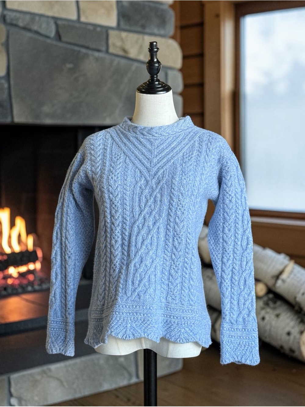 The Irish Store Periwinkle Blue 100% Merino Wool Cable Knit Sweater Sz L